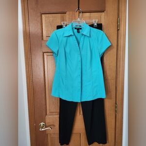 Black and Turquoise Striped Apt. 9 Pants, Size 8 and Turquoise Blouse Size 6